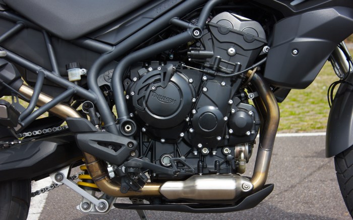 The 800cc triple is a long-stroke, softly tuned Street Triple motor