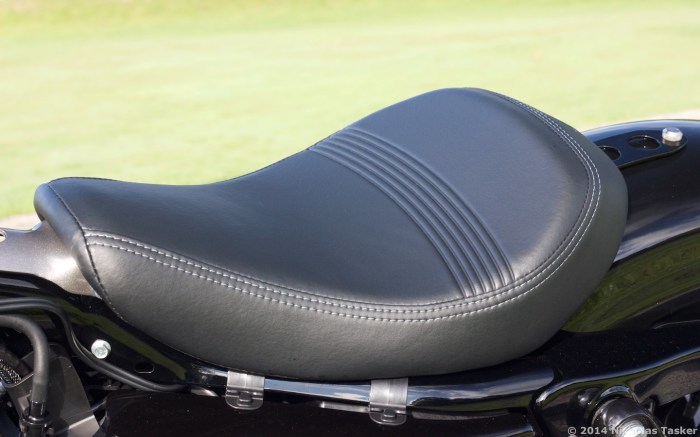 Stock seat is a sensible shape and surprisingly comfy, although footpeg and handlebar geometry ruin things.